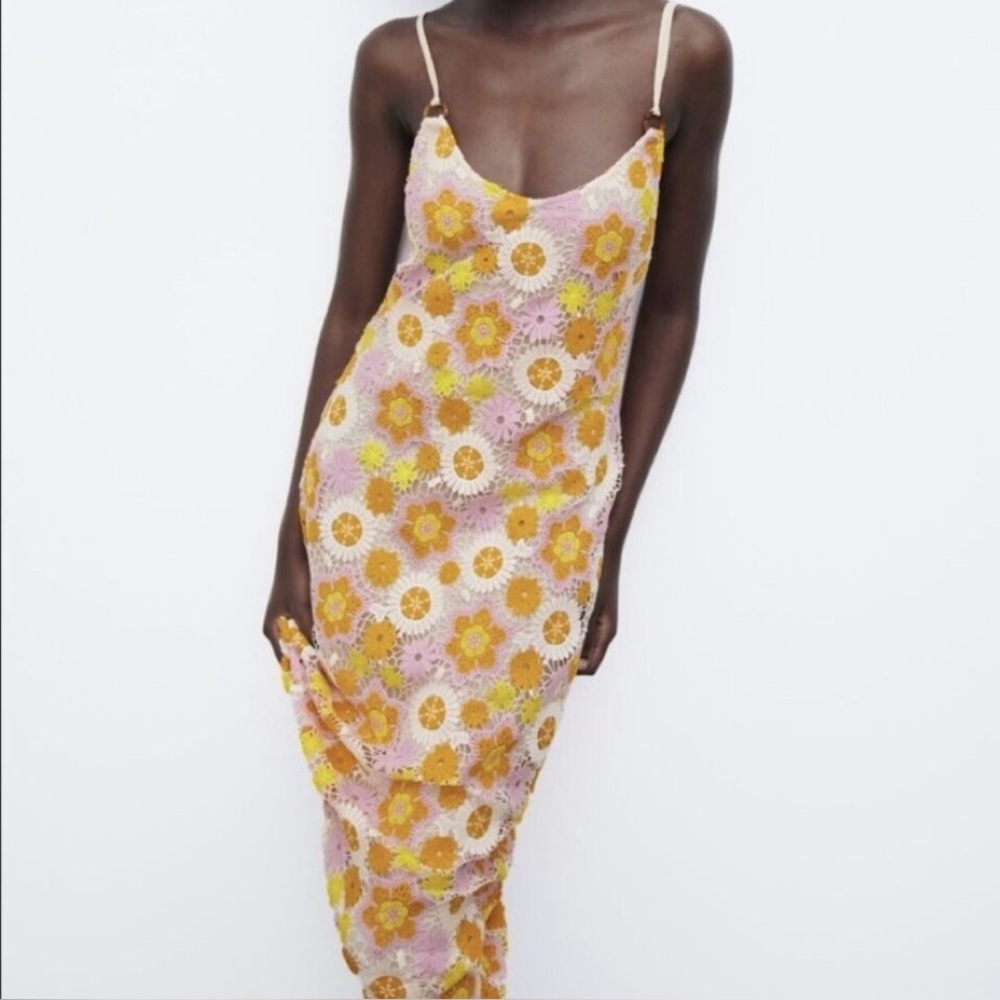 Zara Pink and Orange Floral crochet midi dress